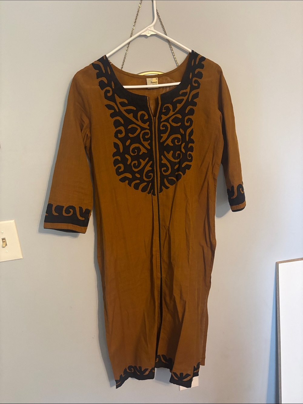 Embroidered Brown Women's Tunic Dress with Black Accents